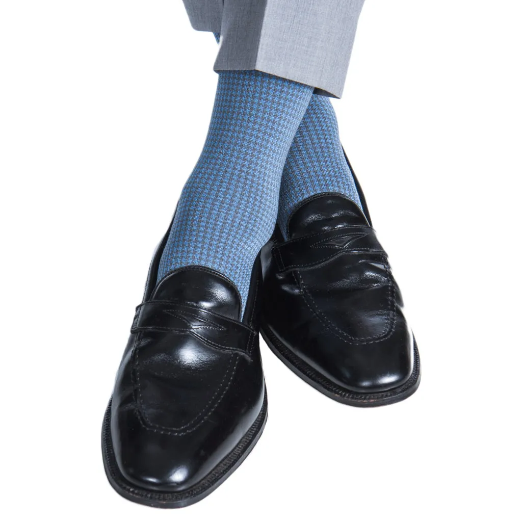 Azure Blue with Steel Gray Houndstooth Cotton Sock Linked Toe OTC
