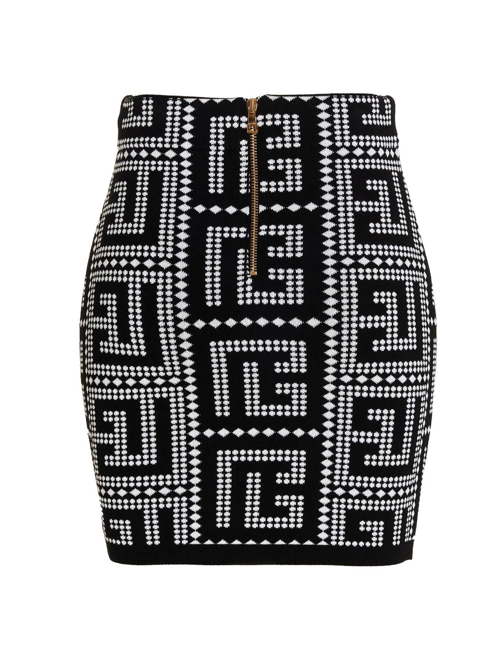 Balmain High Waist Monogram-Pattern Knit Skirt
