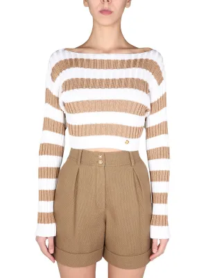 Balmain Striped Cropped Ribbed Knit Top