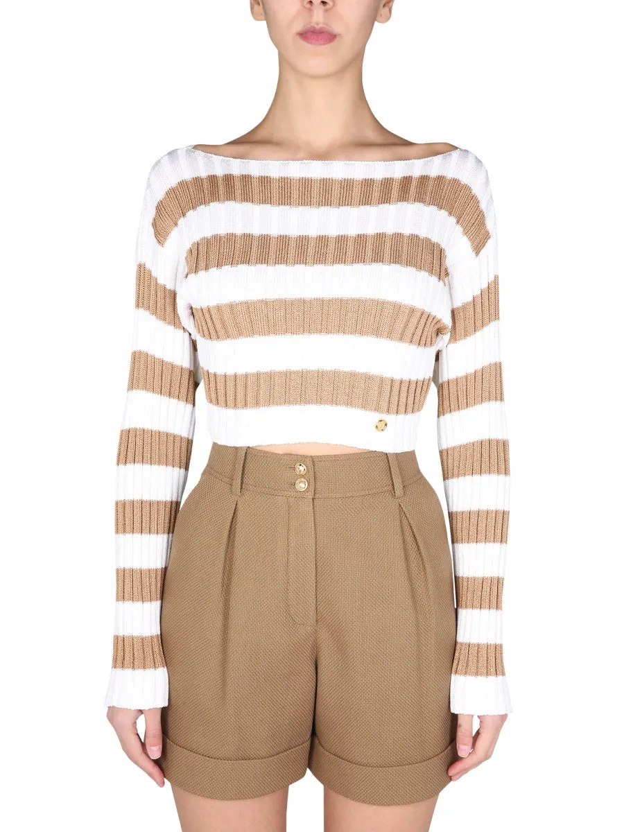 Balmain Striped Cropped Ribbed Knit Top
