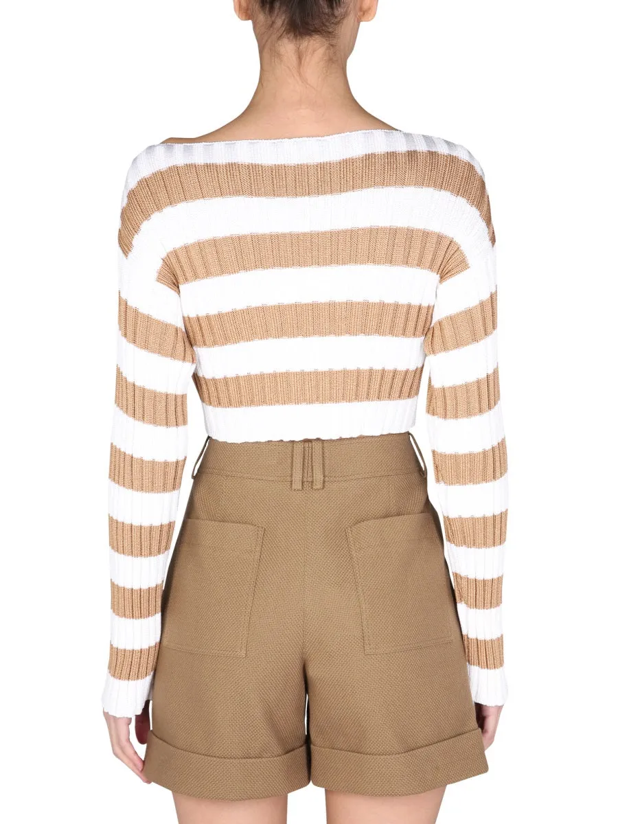 Balmain Striped Cropped Ribbed Knit Top