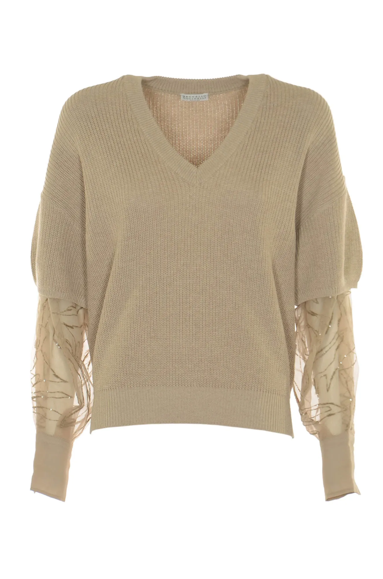 Brunello Cucinelli Distressed Sleeve V-Neck Sweater