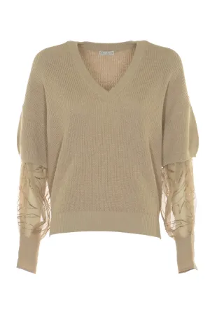 Brunello Cucinelli Distressed Sleeve V-Neck Sweater