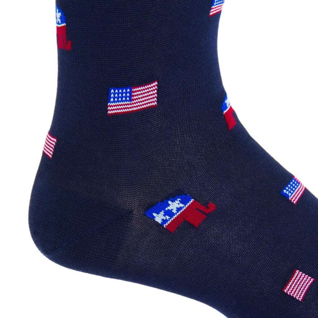 Classic Navy, Red, White, and Clematis Blue Elephant with American Flags Cotton Sock Linked Toe Mid-Calf