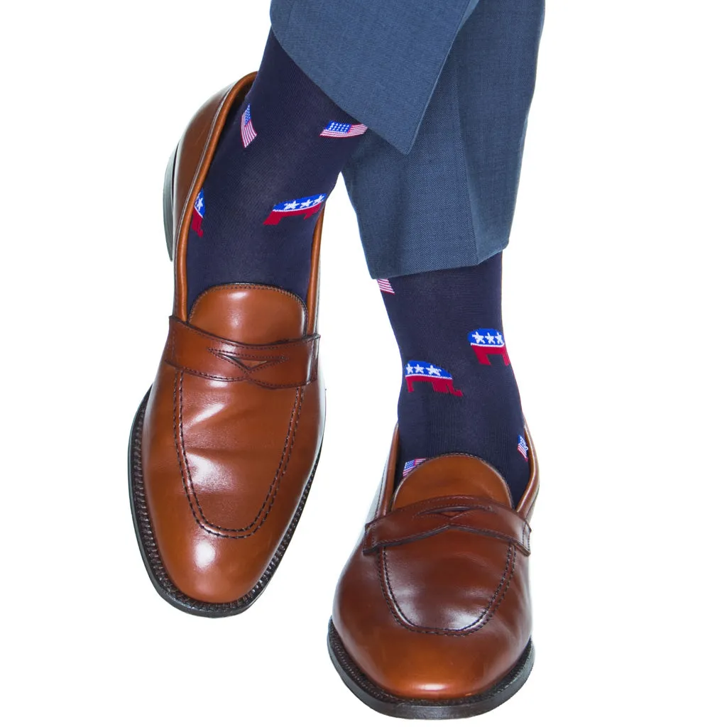 Classic Navy, Red, White, and Clematis Blue Elephant with American Flags Cotton Sock Linked Toe Mid-Calf