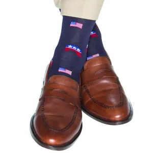 Classic Navy, Red, White, and Clematis Blue Elephant with American Flags Cotton Sock Linked Toe Mid-Calf