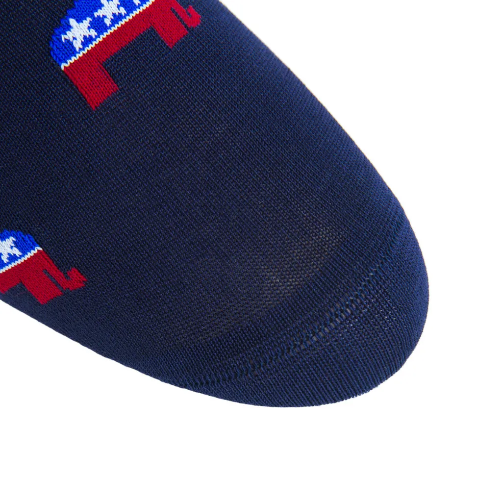 Classic Navy, Red, White, and Clematis Blue Elephant with American Flags Cotton Sock Linked Toe Mid-Calf