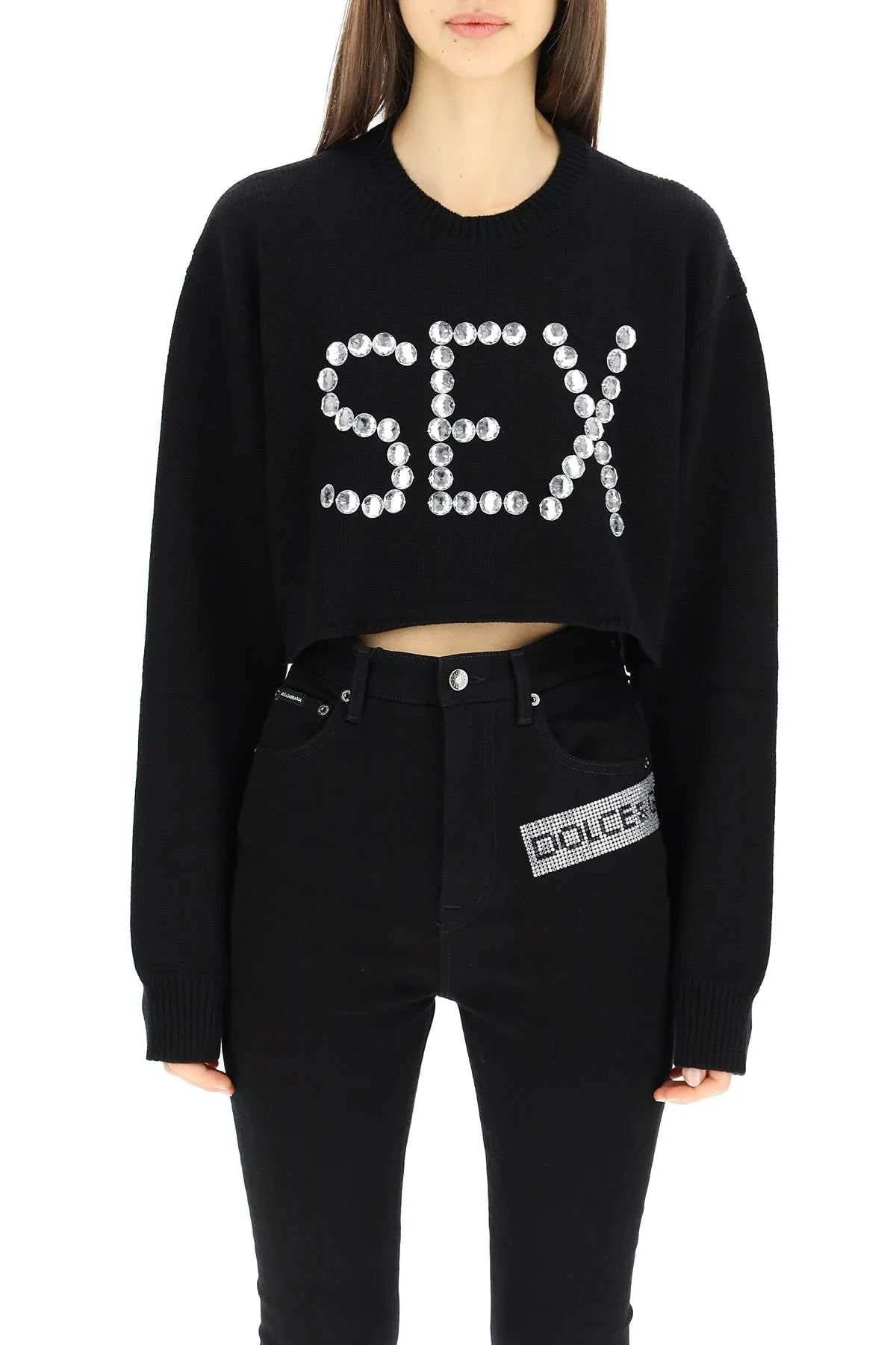 Dolce & Gabbana Slogan Studded Cropped Sweater
