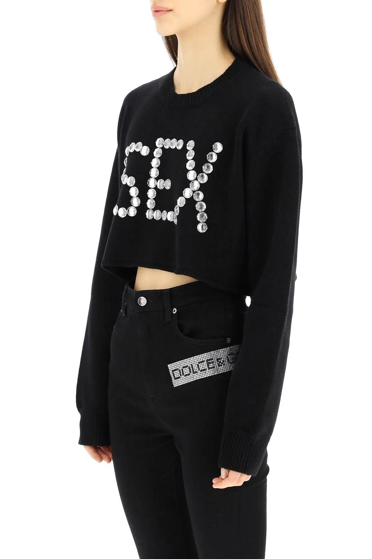 Dolce & Gabbana Slogan Studded Cropped Sweater