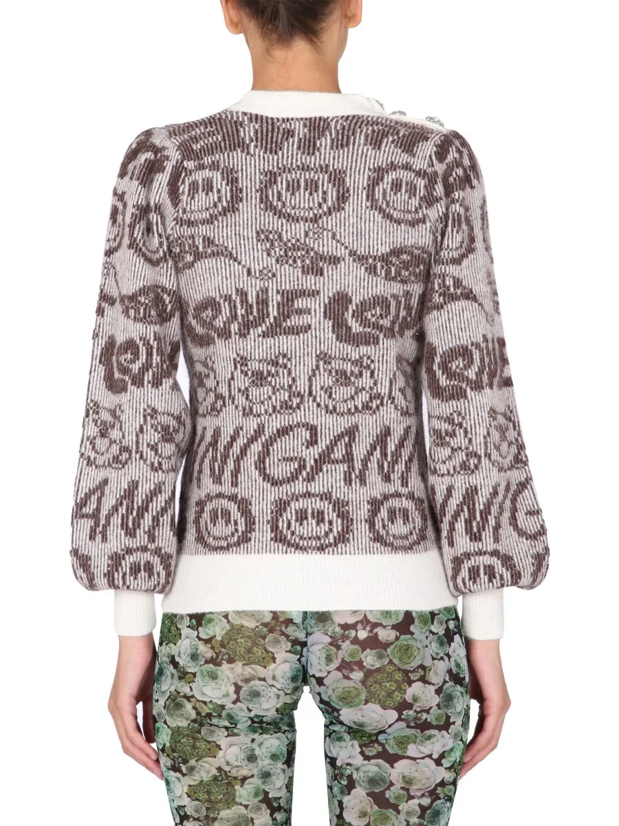 Ganni Graphic Intarsia Balloon-Sleeved Sweater