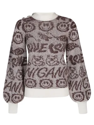 Ganni Graphic Intarsia Balloon-Sleeved Sweater