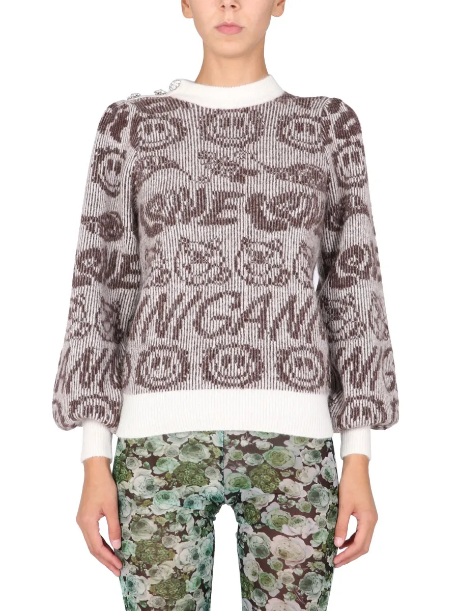 Ganni Graphic Intarsia Balloon-Sleeved Sweater