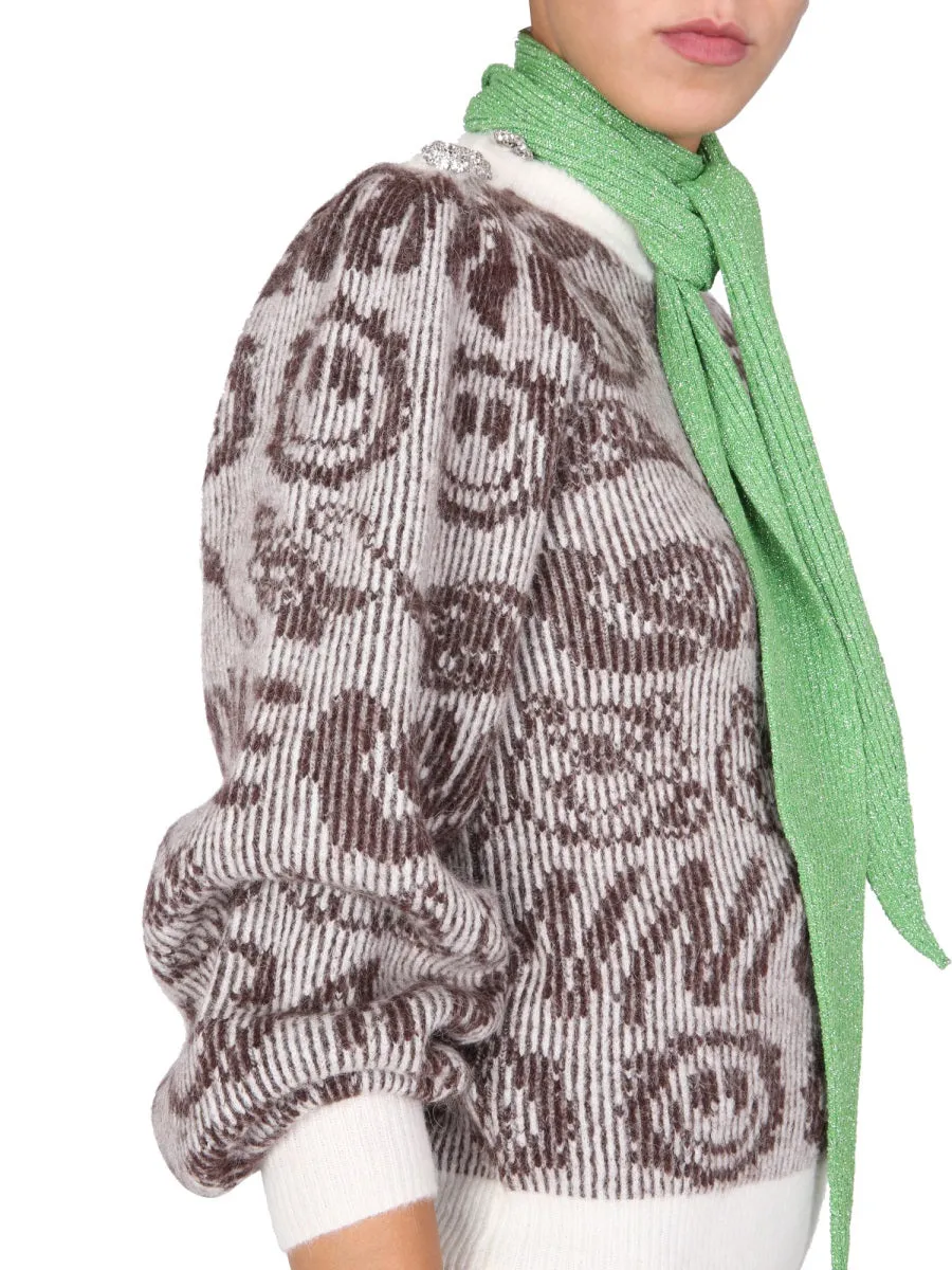 Ganni Graphic Intarsia Balloon-Sleeved Sweater