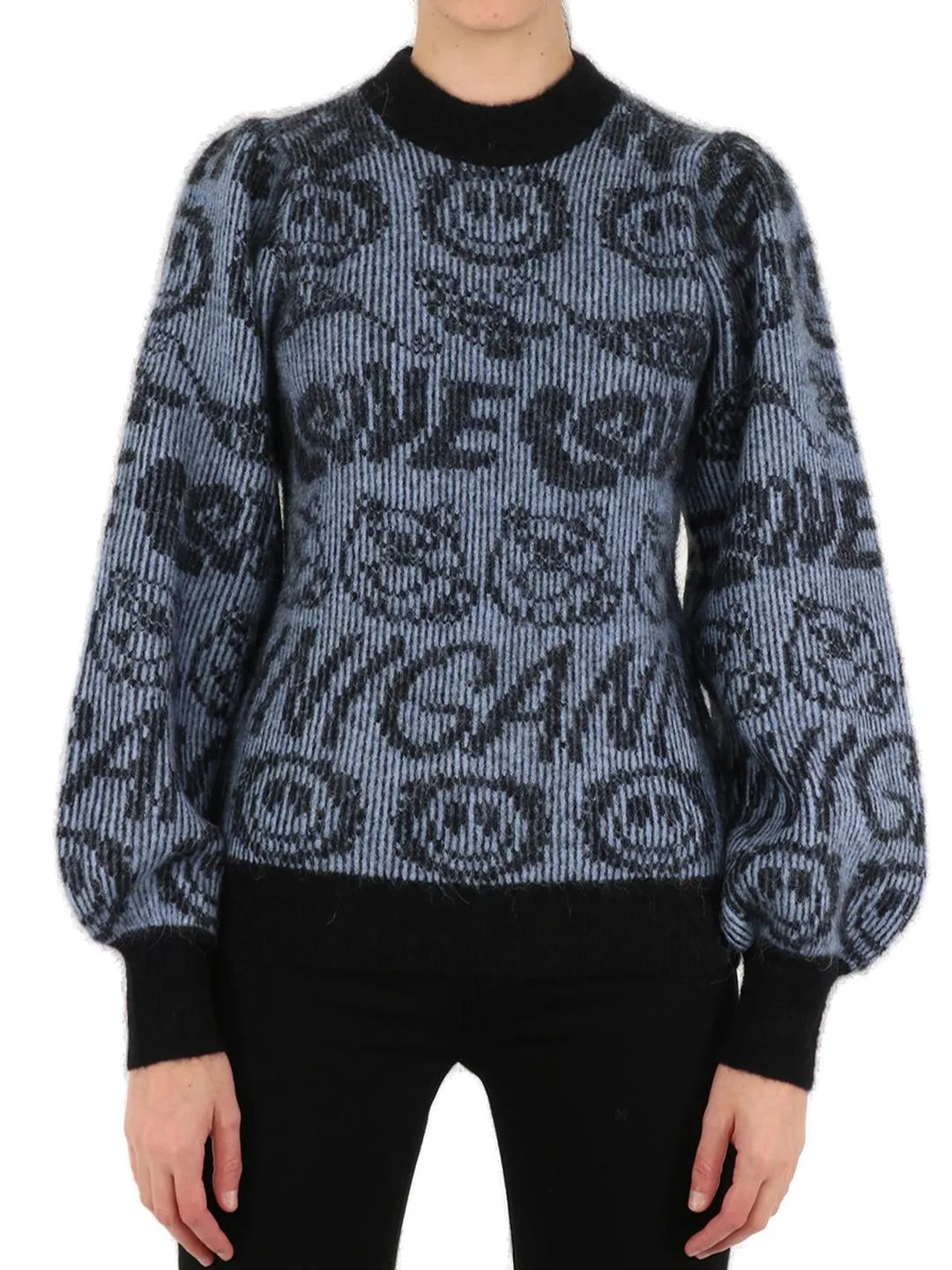Ganni Graphic Intarsia Puff-Sleeved Sweater