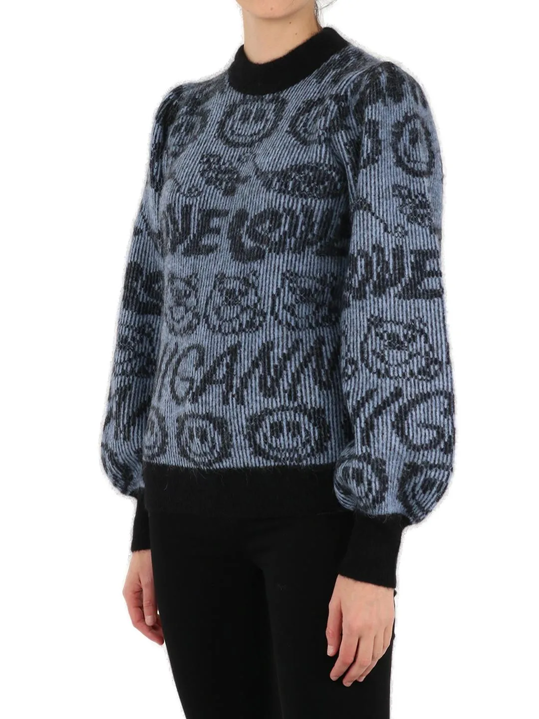 Ganni Graphic Intarsia Puff-Sleeved Sweater