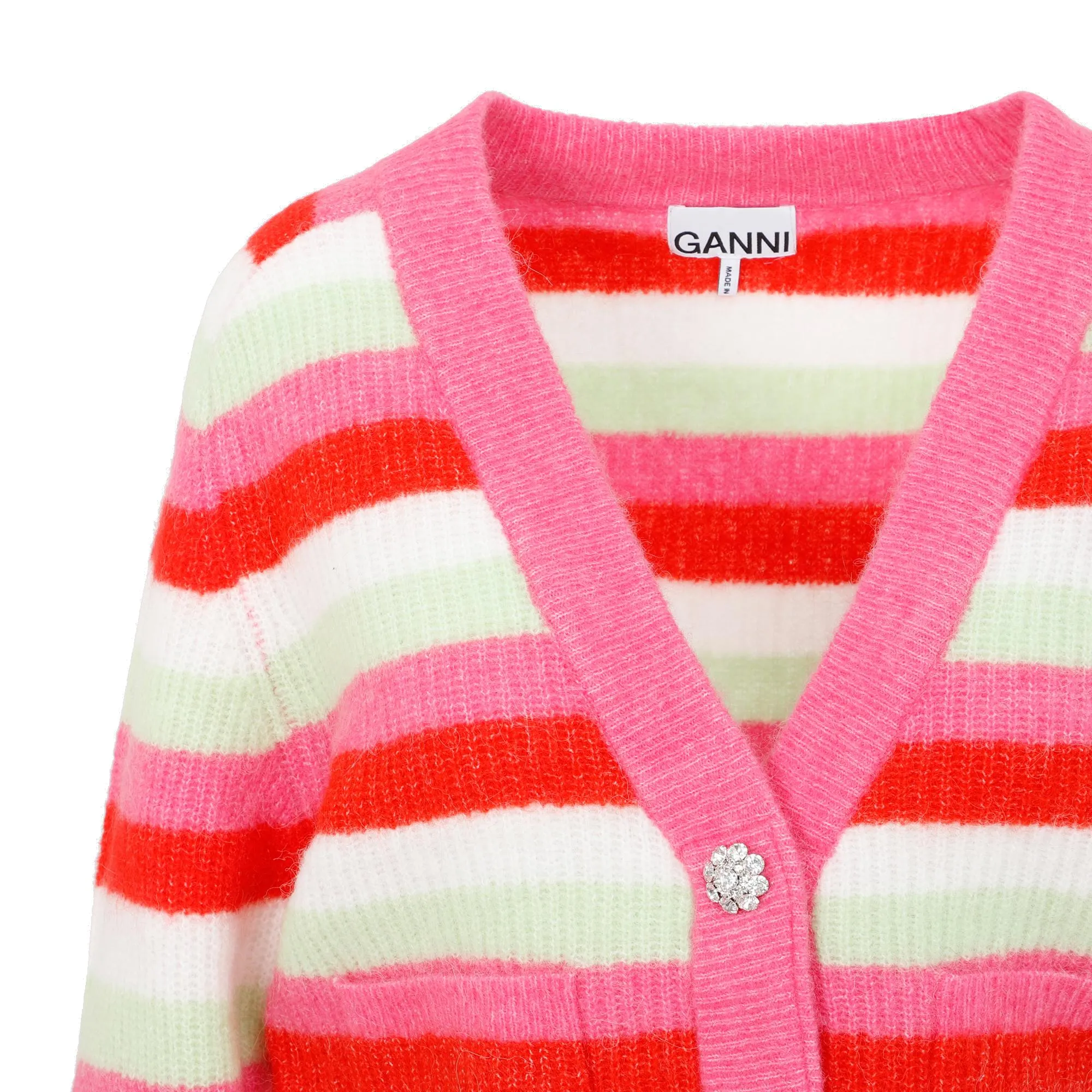 Ganni Striped Ribbed Knit Buttoned Cardigan