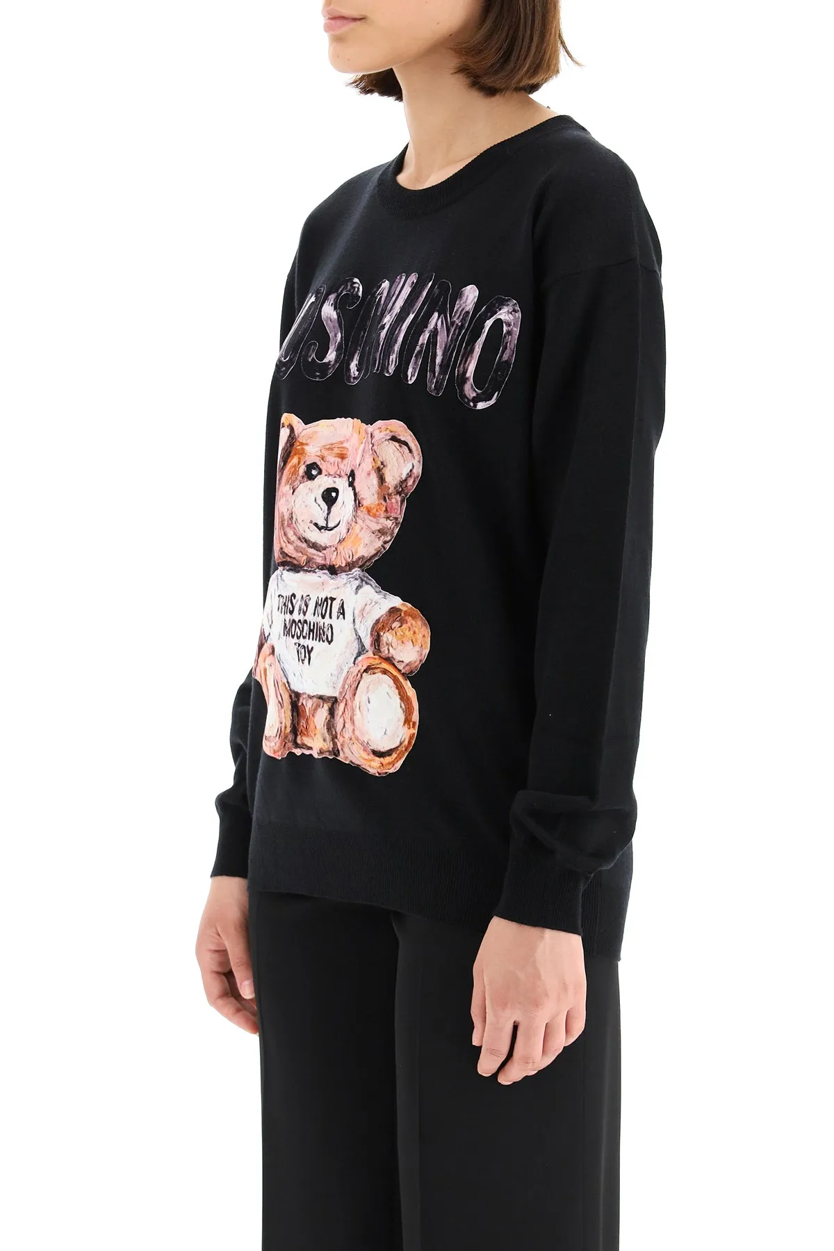 Moschino Flocked Teddy Patch Crewneck Sweater