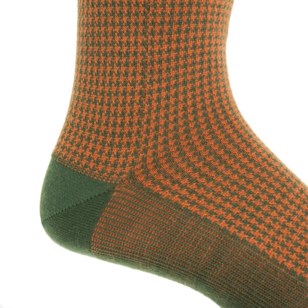 Pine Green with Burnt Orange Houndstooth Fine Merino Wool Sock Linked Toe Mid-Calf