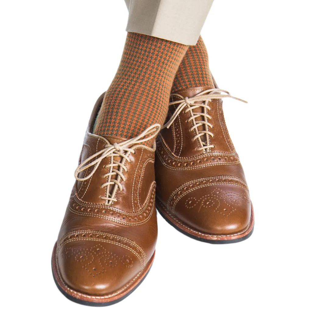 Pine Green with Burnt Orange Houndstooth Fine Merino Wool Sock Linked Toe Mid-Calf