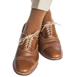 Pine Green with Burnt Orange Houndstooth Fine Merino Wool Sock Linked Toe Mid-Calf