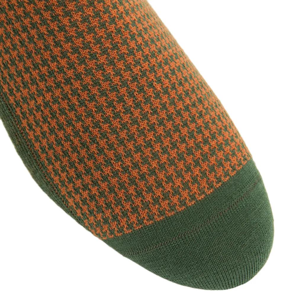 Pine Green with Burnt Orange Houndstooth Fine Merino Wool Sock Linked Toe Mid-Calf