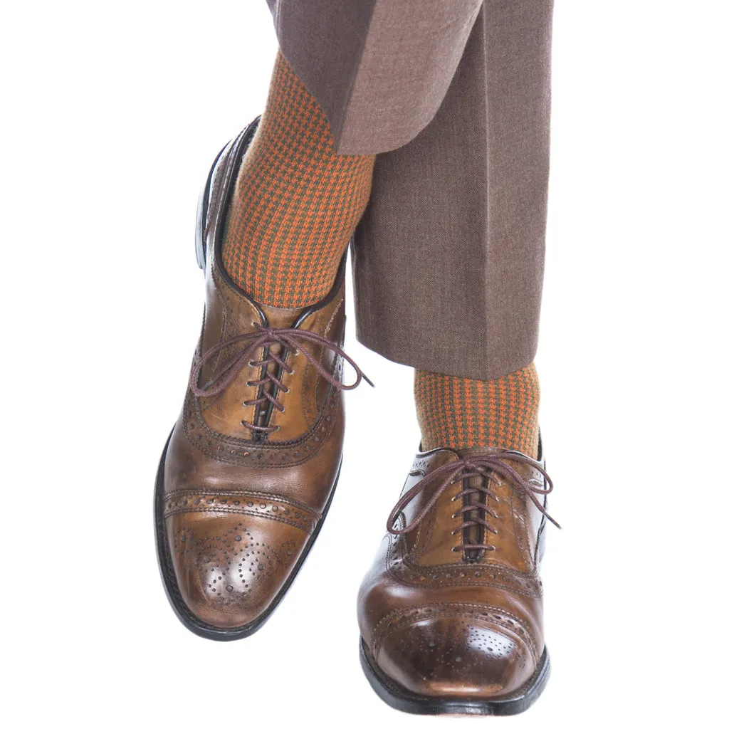Pine Green with Burnt Orange Houndstooth Fine Merino Wool Sock Linked Toe Mid-Calf